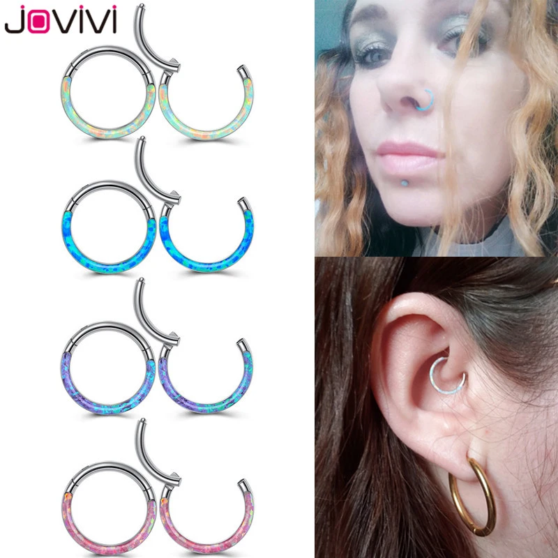 Jovivi Stainless Steel 16G Twist Hinged Clicker Nose Septum Ring Synthetic Opal Hoop Eyebrow Lip Ear Rings Body Piercing Jewelry