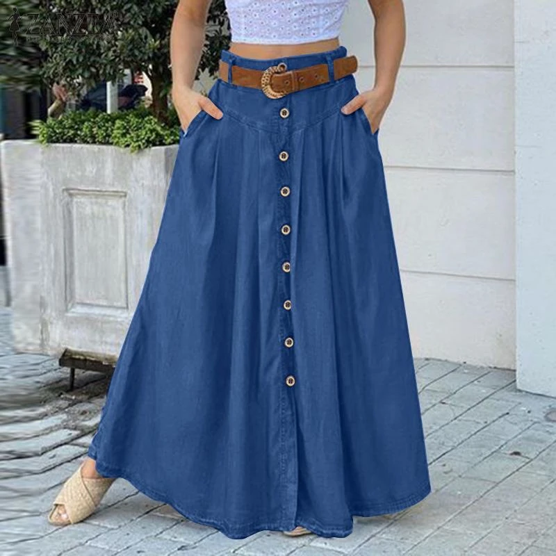 Women's Spring Sundress 2021 ZANZEA Stylish Button Maxi Skirts Casual High Waist Long Vestidos Female Solid Robe Femme