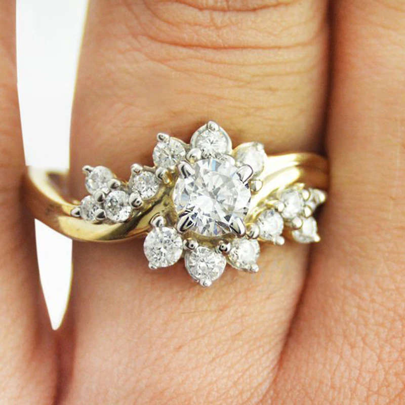 Huitan Noble Rich Flower Shaped Female Finger Ring Albizia Flower Golden Color With Sevral CZ Stone Engagement Wedding Rings