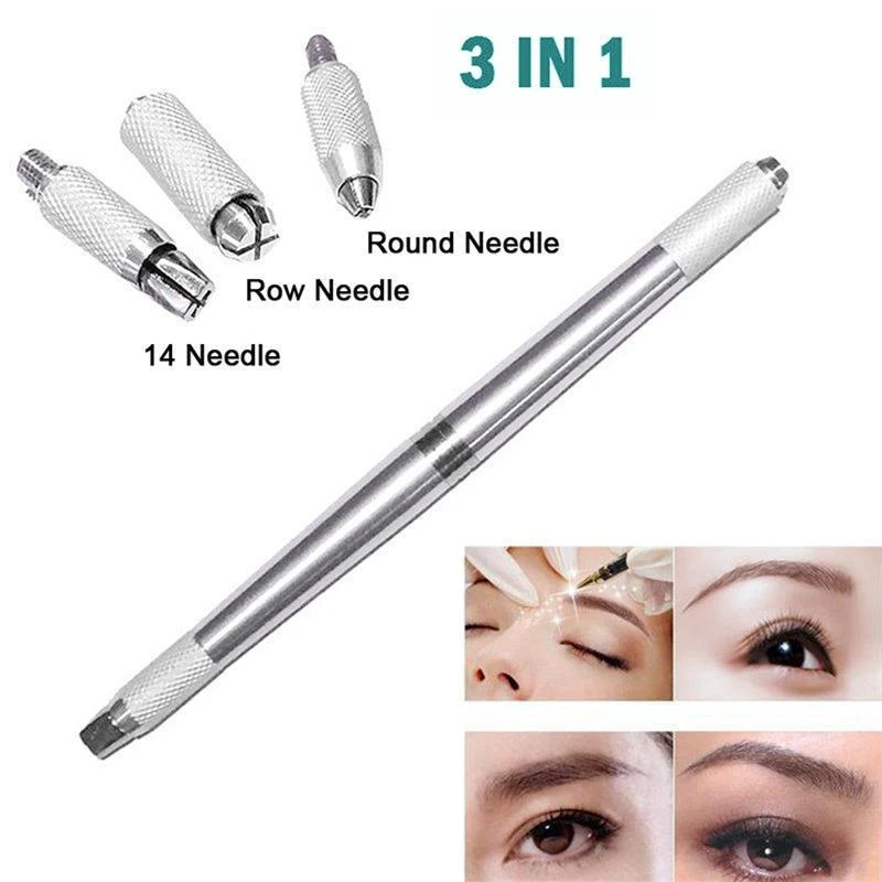 3 In 1 3D Eyebrow Tattoo Pen Machine Professional Tebori Microblading Pen Eyebrow Permanent Makeup Machine Silver Manual