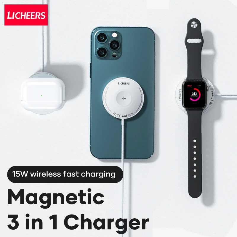 LICHEERS Magnetic Wireless Charger Phone Charger 15W 3 In 1 Magnet Induction Fast Charging For iPhone 13 12 Pro Airpods iWatch