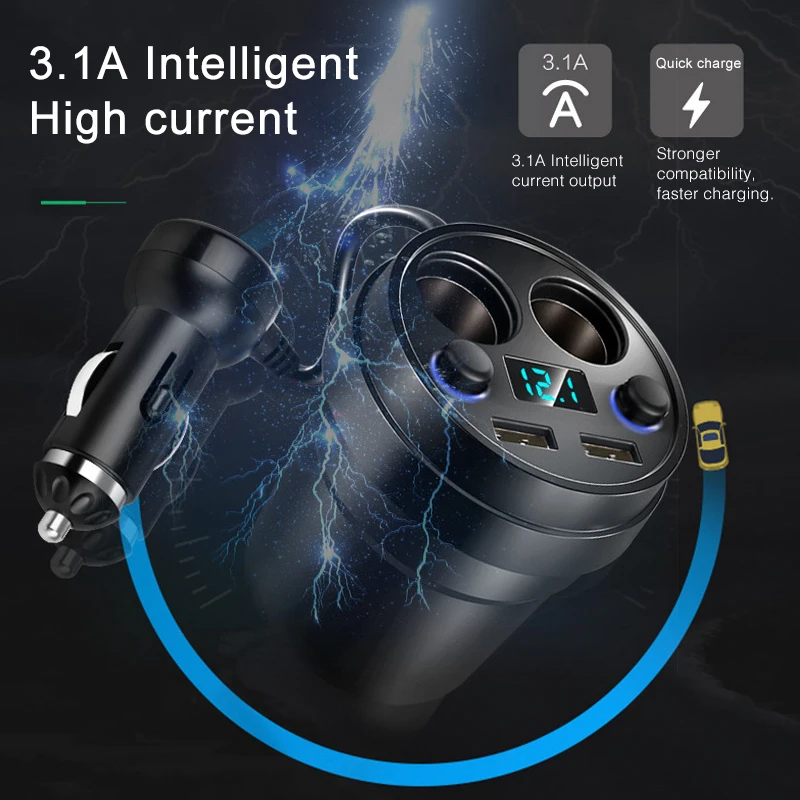 USB Splitter for Auto Car Splitter Cigarette Lighter in a Car Charger Cup Holder 2USB Ports LED Dsiplay