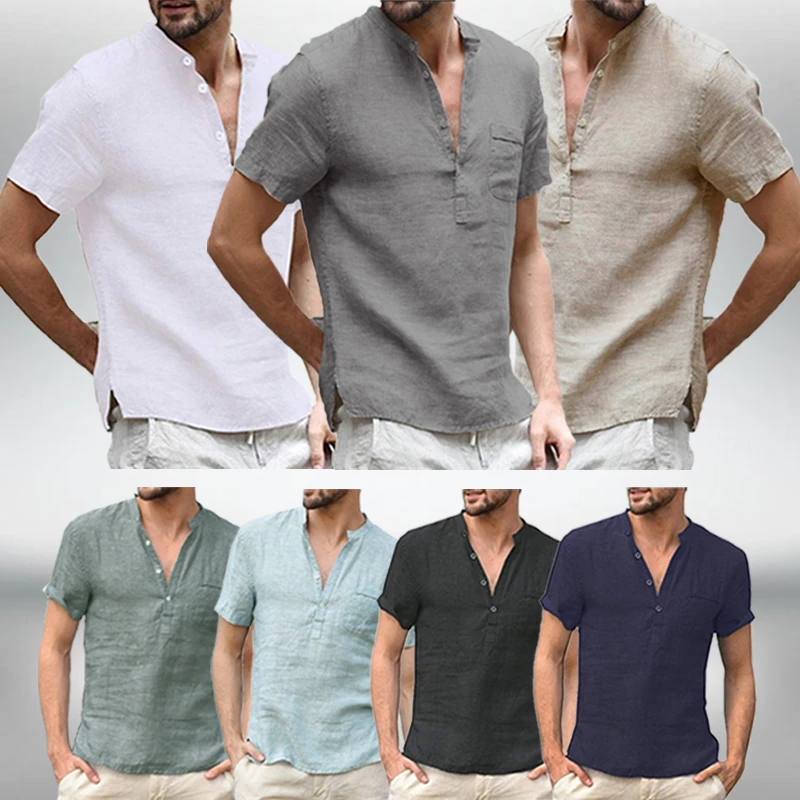 New Cotton Linen Casual Shirts for Men Basic Classic White Shirt   Male Short Sleeve Stand Collar Breathable Men's Shirts