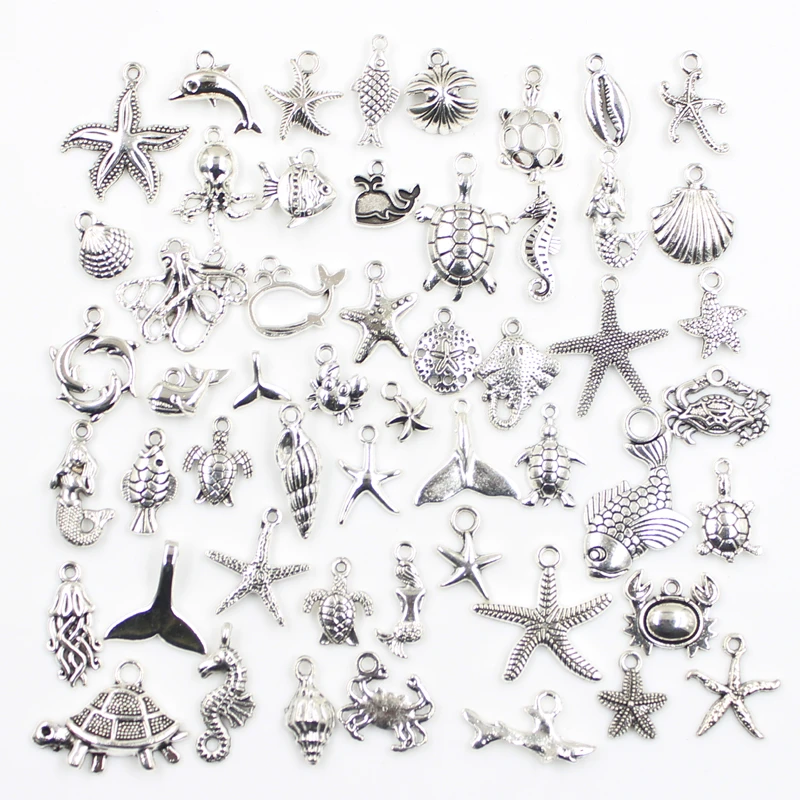 30pcs Charms Fish Starfish Octopus Crab Hippocampus Tortoise Antique Silver Color Mixed Pendants DIY Findings Tibetan Jewelry