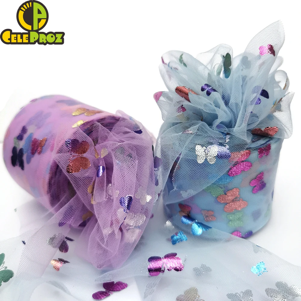 6cm 25Yards Soft Tulle Butterfly Printed Mesh Fabric DIY Gauze Tutu Skirt Bow Poms Hairbands Clips Wedding Birthday Decoration