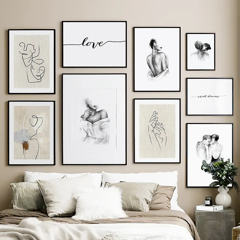 Black White Sketch Girl Lover Line Art Face Body Abstract Wall Art Canvas Painting Nordic Print Posters Wall Pictures Room Decor