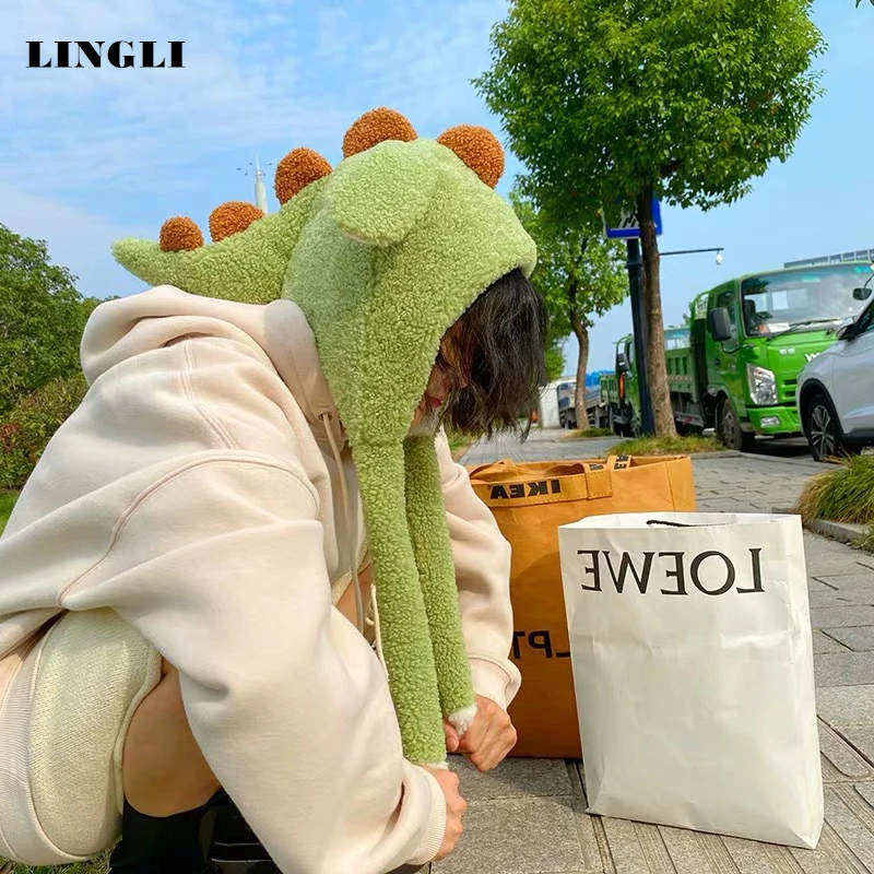 Funny and Moving Dinosaur-shaped Plush Hat Role-playing Cute Cartoon Warm Ear Protection Cold-proof Cap