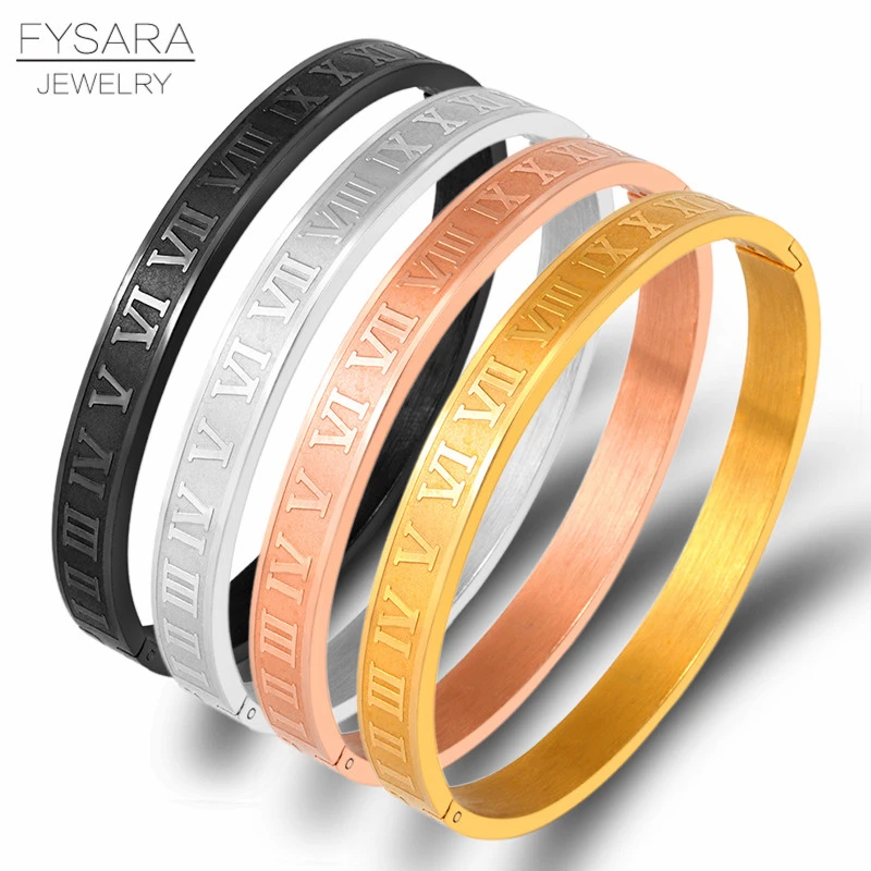 FYSARA Men Women Stainless Steel Rose Gold Color Couple Bracelet Roman Numeral Lover Cuff Bracelet Bangle Wedding Jewelry Gift