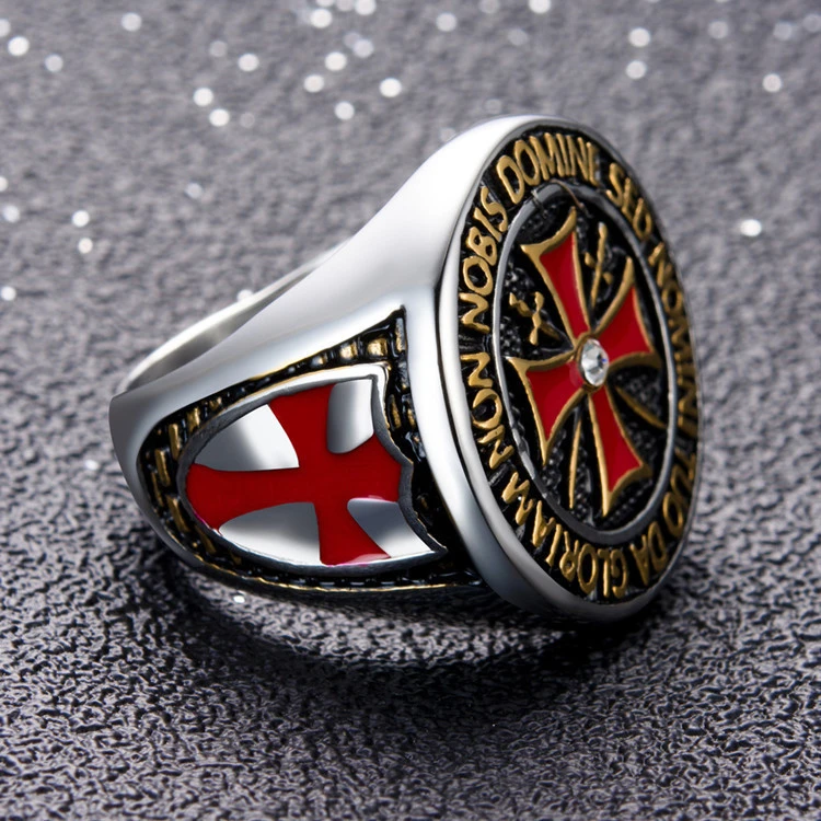 BUDROVKY Crusader stainless steel men's ring Red Cross Inlaid Cubic Zirconia Domineering Knights Templar Ring Jewellery Dropship