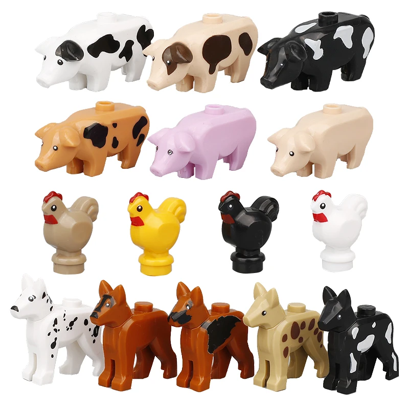 MOC Farm Animal Building Blocks Cute Pets Pigs Chicken Police Dog City Accessories DIY Parts Bricks Toys Educational Blocks C181