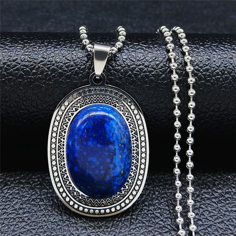 Stainless Steel Natural Stone Lapis Lazuli Big Long Bohemia Charm Necklaces for Women/Men Silver Color Jewelry bijoux N3608S04