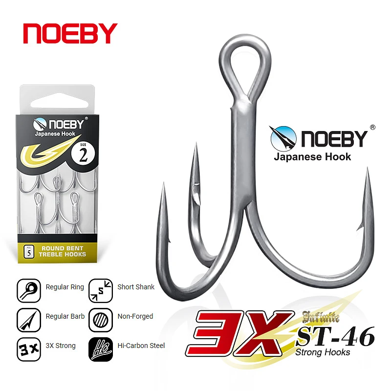 Noeby 4Pcs 3X Strong Fishing Hooks 1 2 4 6 8 10# High Carbon Steel ST-46 Round Bent Treble Hook for Bass Pike Fishing Tackle