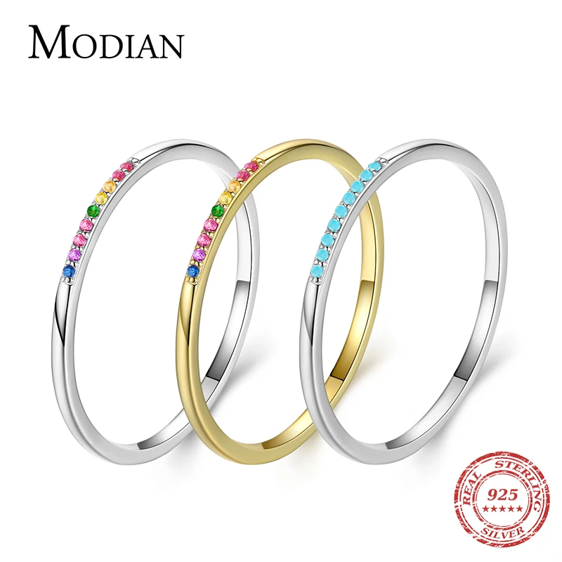 Modian New Real 925 Sterling Silver Trendy Rainbow CZ Stackable Colorful Finger Rings For Women Female Wedding Statement Jewelry