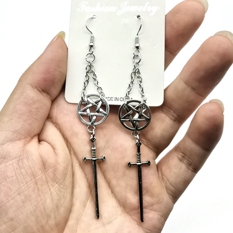 Witch's Rites Earrings Pentagram Pendant Darkly The Sacred Black Sword Gothic Jewelry Fashion-forward Black Chain Women Gift