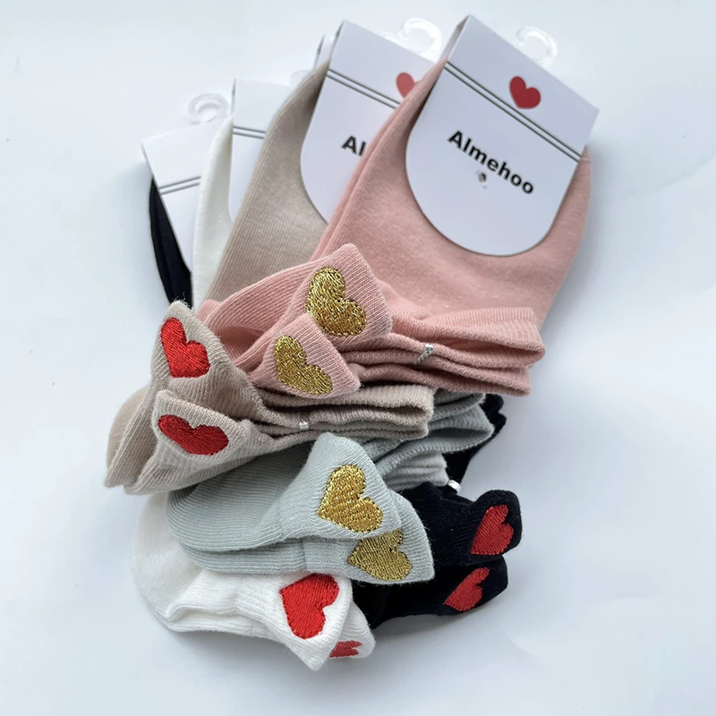 5 Pairs Pack Short Socks Korea Style Women's Set Cute Chausettes With Hearts Pink Female Ankle Sock Cotton Meias Kawaii