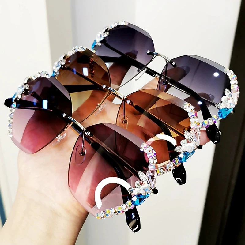 Vintage rimless sunglasses women Multicolored  bling diamond brand designer men sun glasses ladies men shades rhinestone oculos