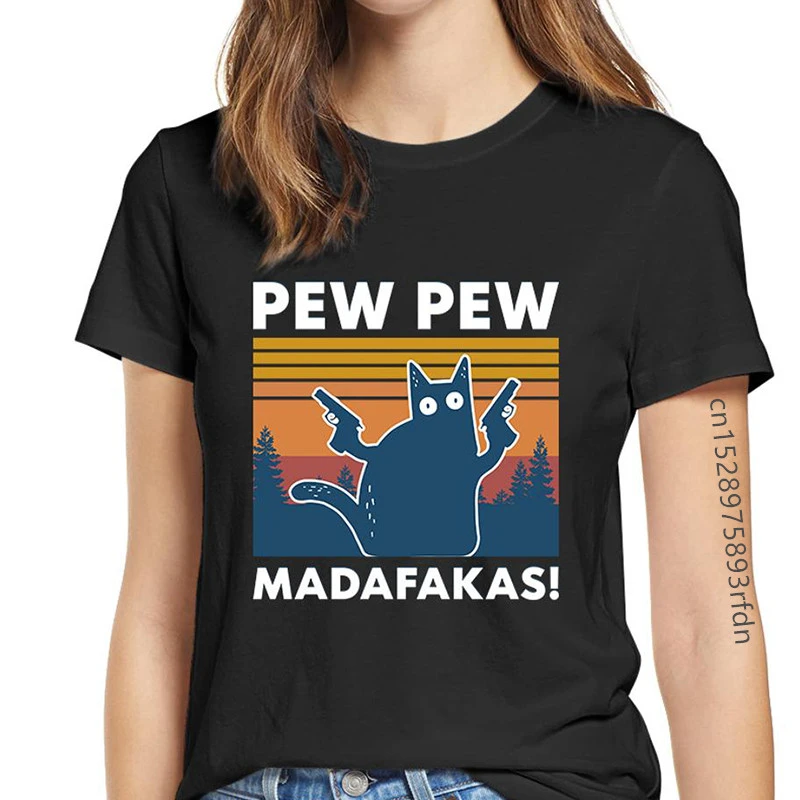 Women's Cat Pew Pew Madafakas Funny T-Shirt Girl Cat Gangster With Gun Meme Retro Humor Tops Tee Female 90s Clothes,Drop Ship