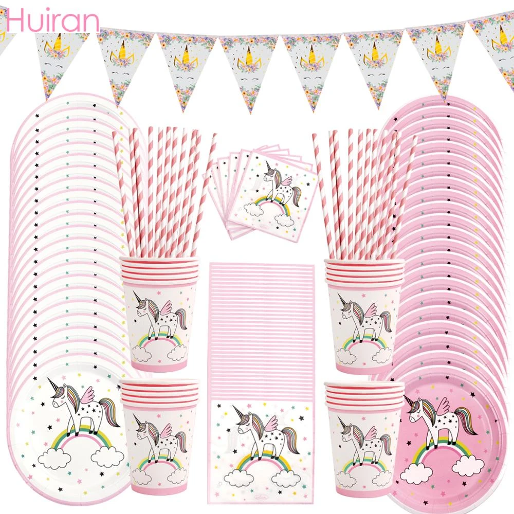 Huiran Unicorn Disposable Tableware Unicorn Paper Plate Cups Unicorn Birthday Party Decor Kids Party Supplies Baby Shower Girl