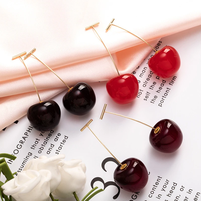 New Cute Simulation Red Cherry earrings Sweet Resin Hot Sale Gold ColorFor Women Girl Student Fruit 1Pair Earring Gift