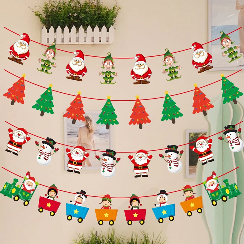 3M Christmas Banners Paper Hanging Flags Home Santa Claus Snowman Deer Xmas Tree Bunting Garland Merry Christmas Decorations