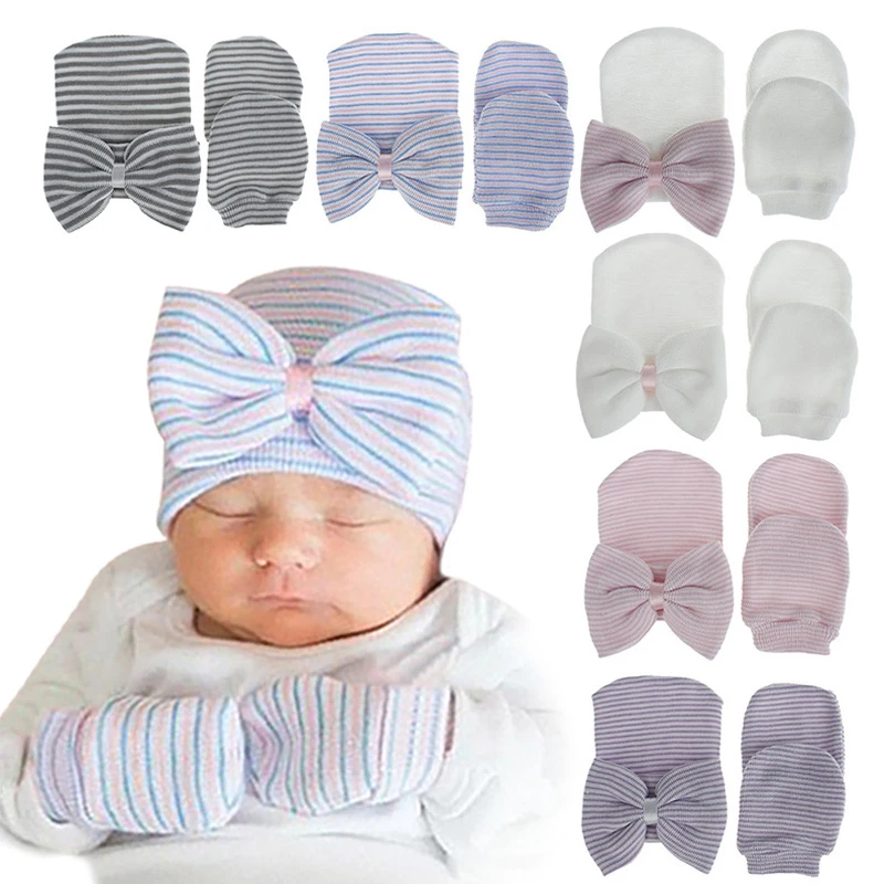 Big Bow Newborn Beanie Baby Hat for Girls Boys Spring Autumn Winter Baby Cap Soft Infant Bonnet Hat Gloves Set 10 Colors