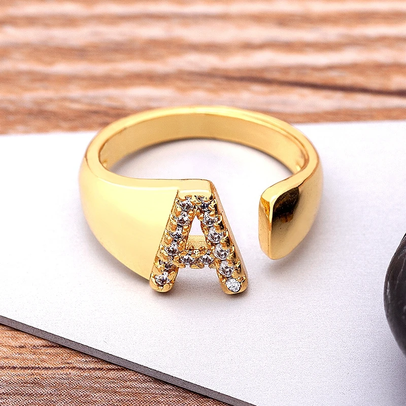 New Hollow A-Z Letter Gold Color Adjustable Opening Ring Initials Name Alphabet Female Party Wedding Trendy Copper CZ Jewelry