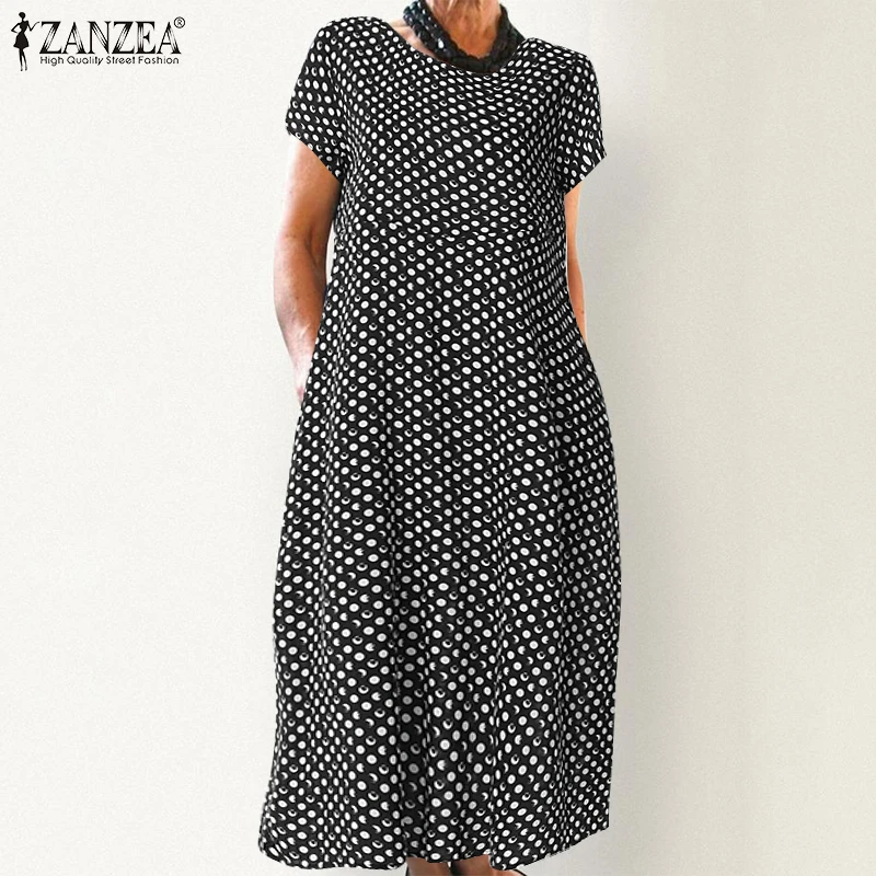 ZANZEA 2021 Elegant Summer Short Sleeve Polka Dot Printed Dress Women Office Work Vestido Vintage Party Sundress Casual Robe