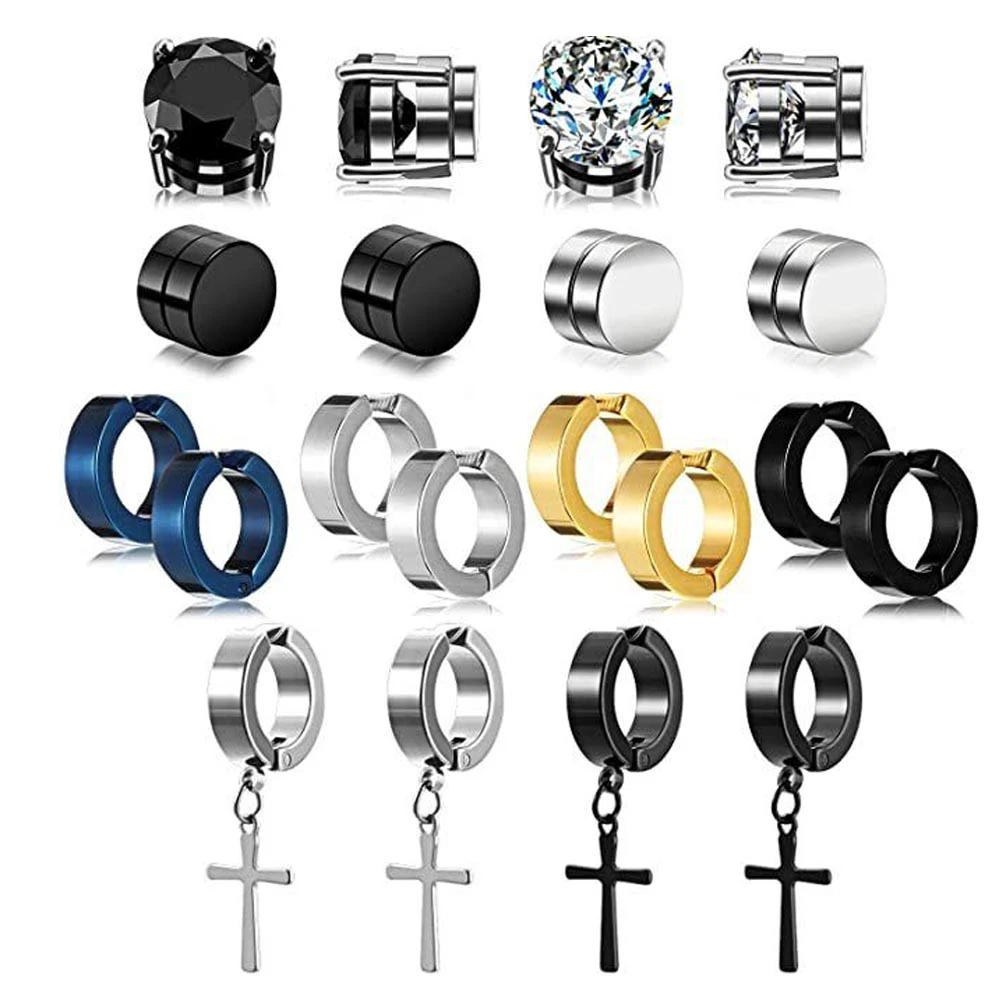 2pcs Punk Mens Strong Magnet Magnetic Ear Stud Set Non Piercing Earrings Fake Cross Earrings Gift for Boyfriend Lover Jewelry