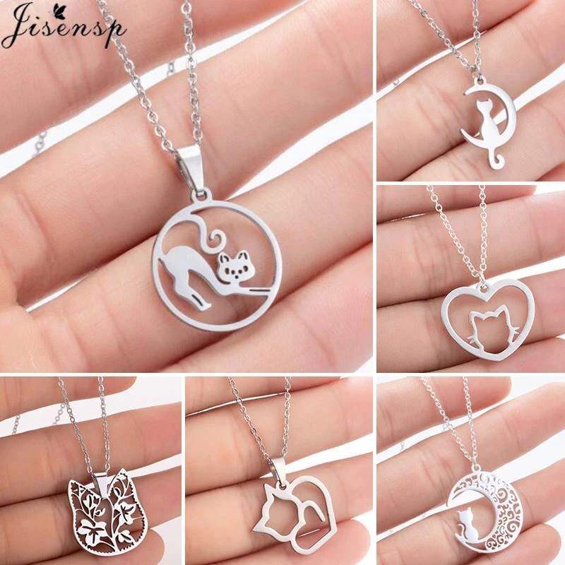Jisensp Hollow Moon Cat Stainless Steel Necklace for Women Everyday Jewelry Fashion Love Heart Choker Pendant Necklace bijoux