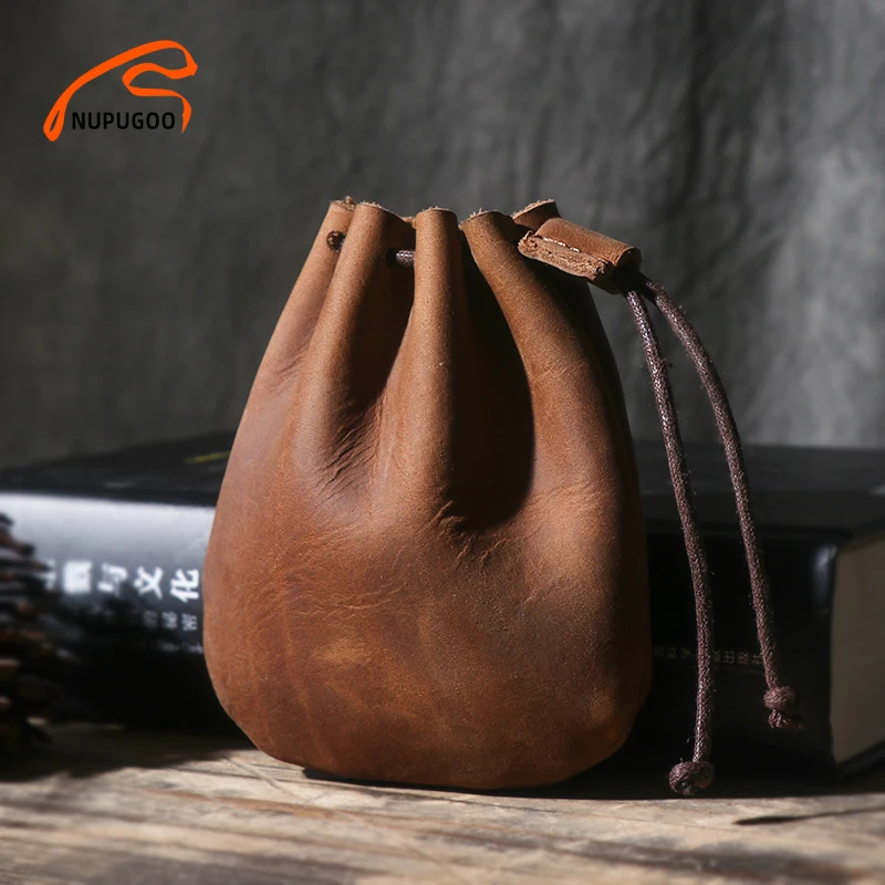 Vintage Coin Purse Men Women Genuine Leather Casual Small Coin Wallet Hard Leather Money Pocket Drawstring Storage Bag NUPUGOO