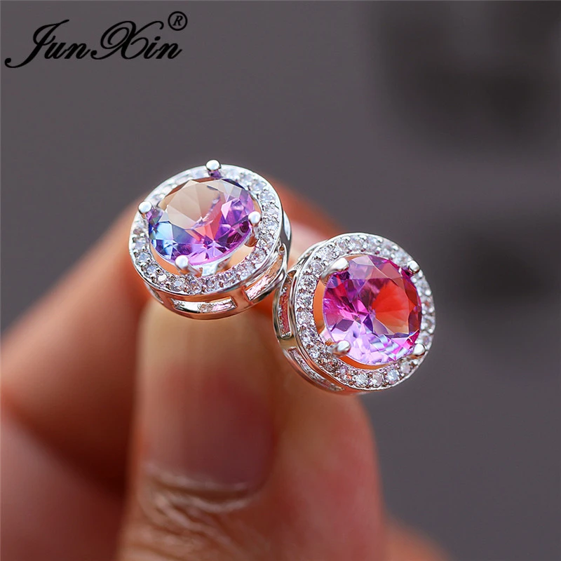 Boho Gradient Colorful Purple Pink Zircon Round Stud Earrings For Women White Gold Rainbow Fire Crystal Wedding Earrings Jewelry