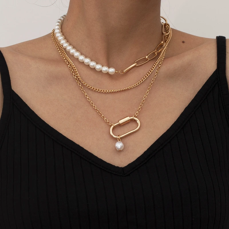 LOVOACC Vintage Paperclip Pearl Necklaces for Women Fashion Multi-layer Pearl Chain Necklace Asymmetric Hollow Choker Jewelry