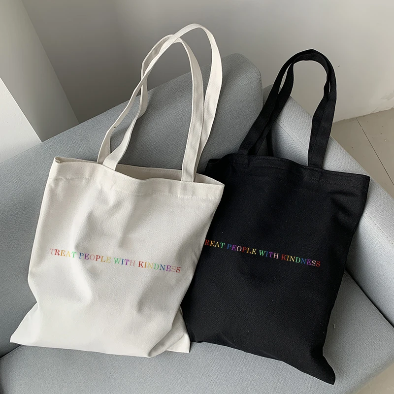 Women Bag Fashion Canvas Treat people with kindness letter Casual Big Capacity Harajuku WomenNew Fun Vintage Shoulder Bag
