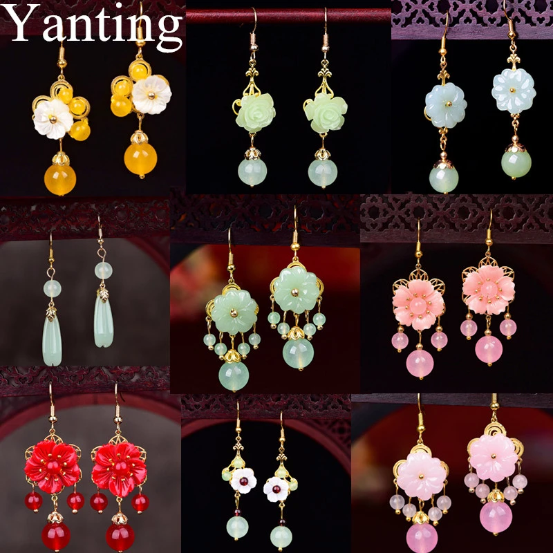 Yanting Natural Stone Shell Flower Earrrings For Women Handmade Ethnic Earrings Chinese Jewelry Delicate Women Vintage Jewelry