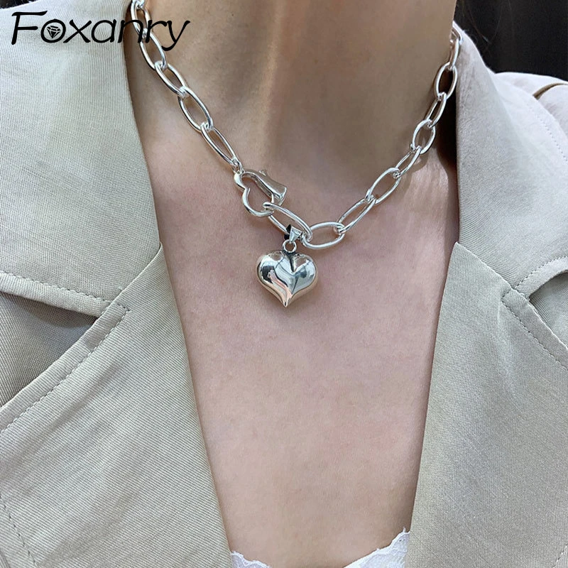 FOXANRY 925 Sterling Silver Thick Chain Bracelets 2021 Trendy Elegant Vintage Hip Hop Creative LOVE Heart Pendant Party Jewelry