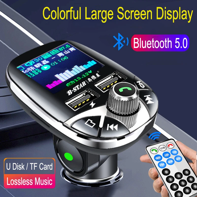 JINSERTA Wireless Bluetooth FM Transmitter Modulator Color Screen Hands-free MP3 Player Dual USB Charger with Remote Control