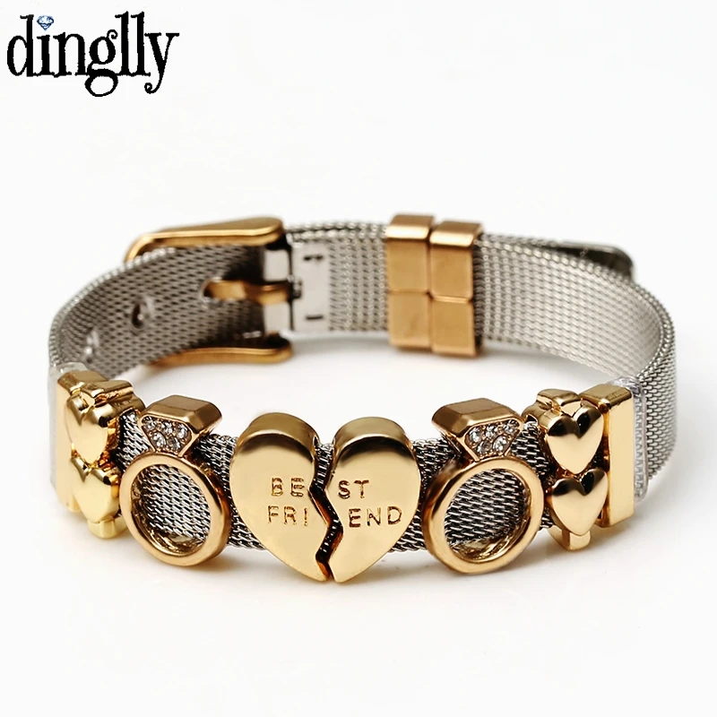 DINGLLY Two-tone Stainless Steel Mesh Bracelets For Women Men Golden Love Heart Beaded 10mm Ribbon Mesh Bracelet & Bangle Gifts