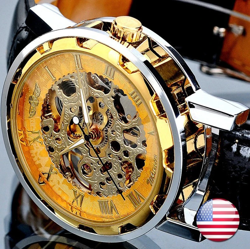 Fashion Winner Black Leather Band Stainless Steel Skeleton Mechanical Watch For Man Gold Mechanical Wrist Watch Luxury Brand