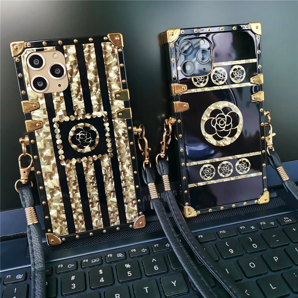 Luxury Brand Rose Flower Glitter Gold Square Case for Samsung Galaxy S20 Plus S10 S21 Note 20 Ultra 10 S9 A71 Rope Lanyard Cover