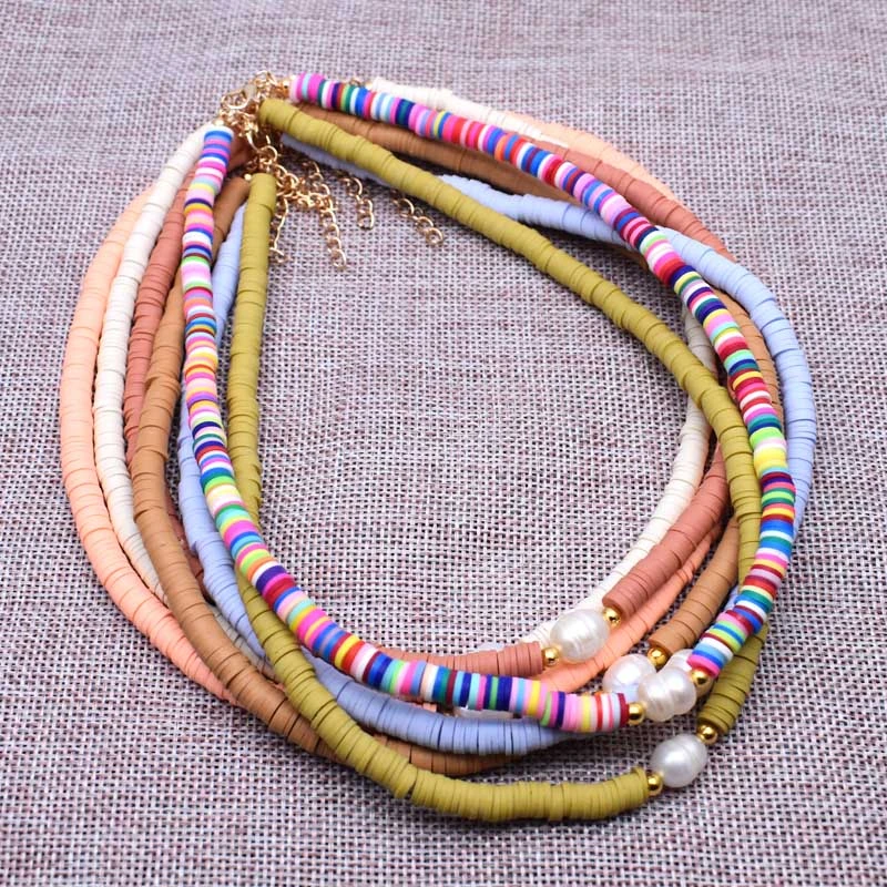 New Boho Natural Fresh Water Pearl Necklace Color Soft Polymer Clay Beads Choker Necklace Beach Femme Jewelry Gift