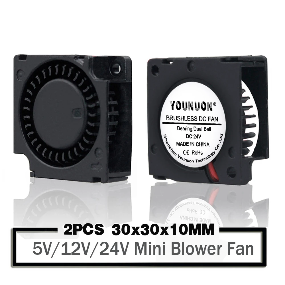 2 Pieces YOUNUON Dual Ball Bearing 30x30x10mm Blower Fan DC 5V/12V/24V 30mm 3010 Turbo Blower Cooling  Fan 3D Printer Cooler Fan