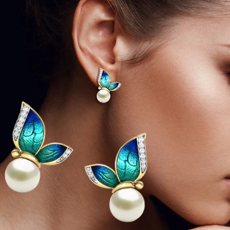 Modern Women Earrings 2021 Fashion Oil Painted Butterfly Design Rhinestone Pearl Stud Earrings For Women Accessories Jewelry