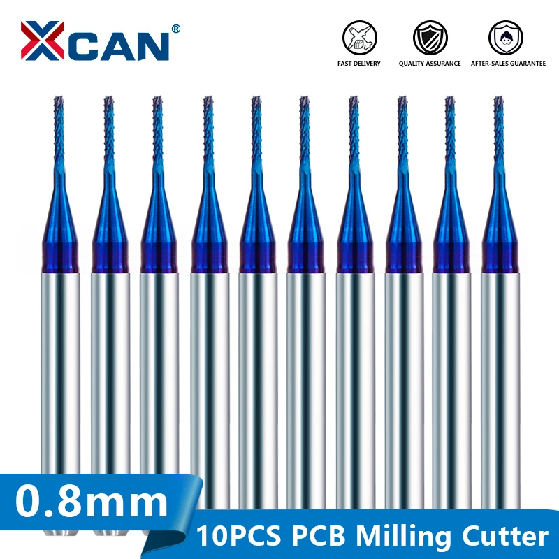 XCAN Corn Milling Cutter 10pcs 0.5/0.8/1.0mm Blue Coated Carbide PCB Router Bits For Wood/Metal Milling Engraving End Mill