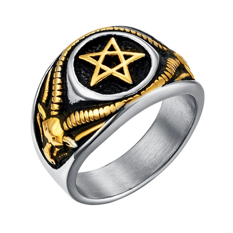 Men Stainless Steel Pentagram Rings Satan Baphomet Goat  Devil Demon Ring Vintage Jewelry Wholesale