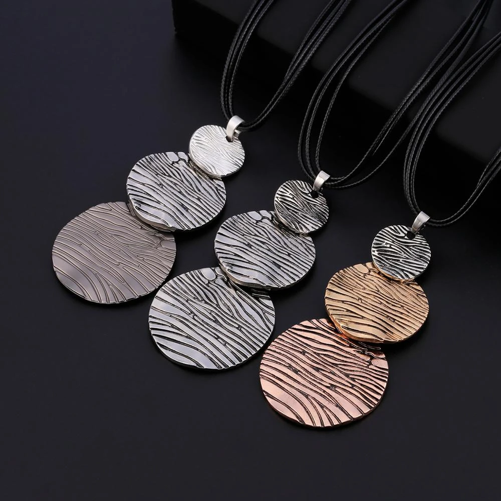 Long Necklaces For Women Female Gold Sivery Round Vintage Pendant Accessories Statement Necklace Multi Leather Chain Jewelry