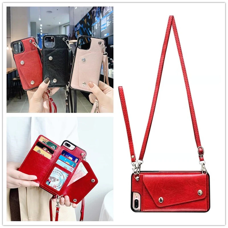 Wallet strap Case for iphone 13 12 mini 11 pro xs max xr x 7 8  plus cover luxury leather card shoulder lanyard phone bag capa