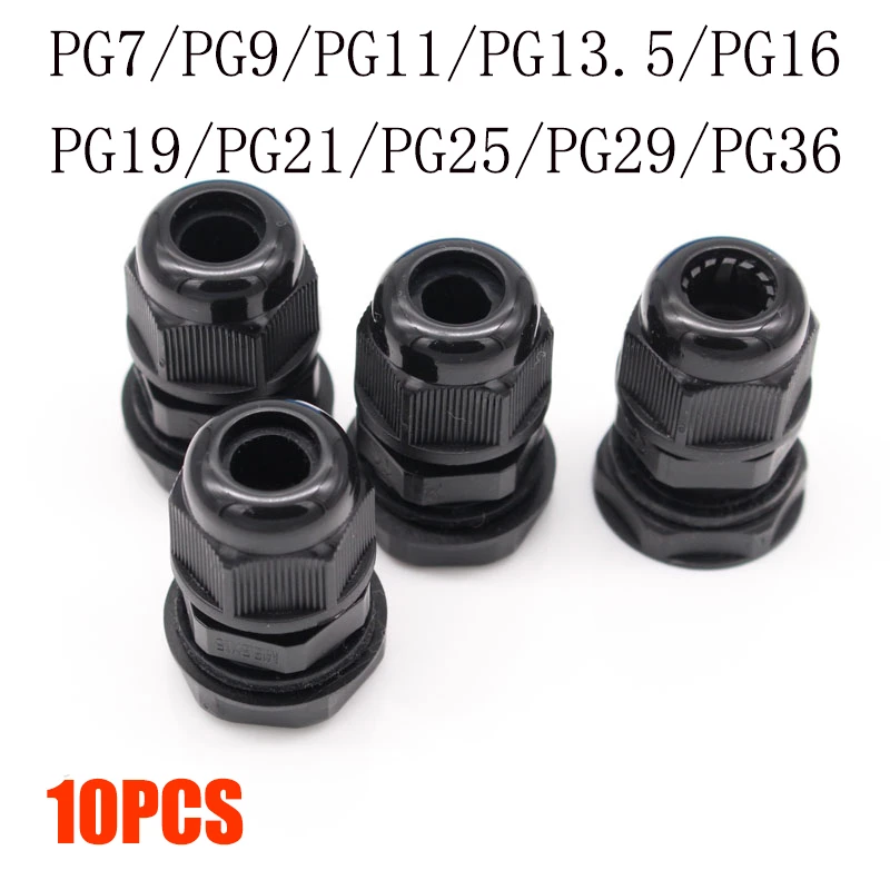 10pcs IP68 PG7 for 3-6.5mm PG9 PG11 PG13.5 PG16 PG19 Wire Cable CE Black Waterproof Nylon Plastic Cable Gland Connector