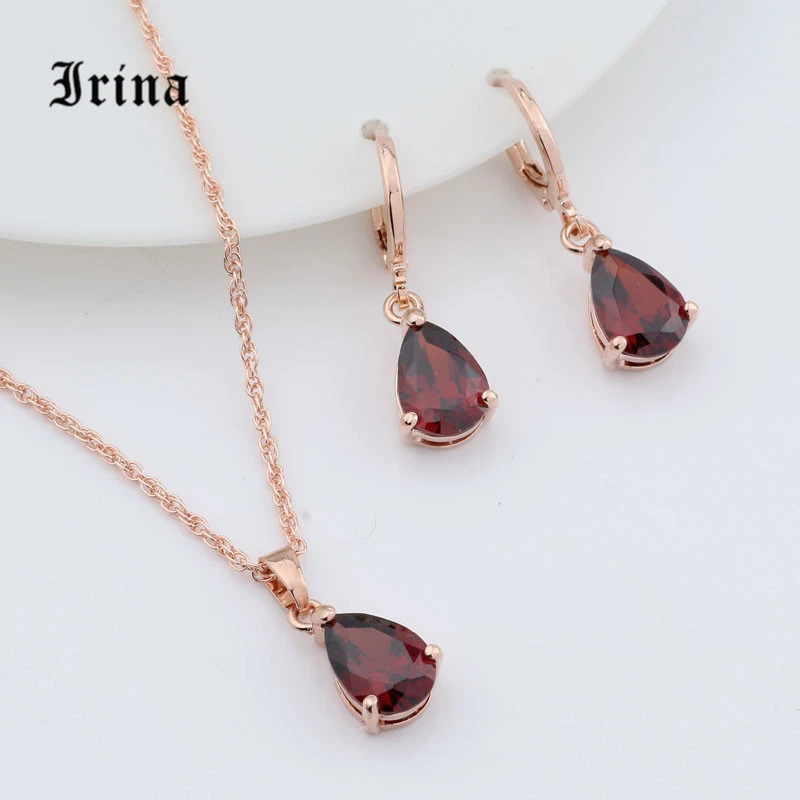 Irina 1Set Rose Gold Color AAA Oval Cut cubic zirconia  Charming necklace Cute pendant drop earrings jewelry set