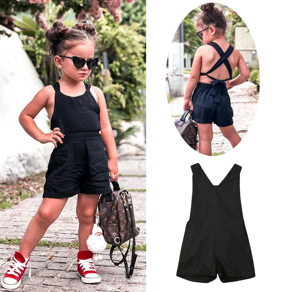 Summer Toddler Baby Girls Backless Romper Solid Black Sleeveless Belt Jumpsuits Clothes Outfit 1-6Y