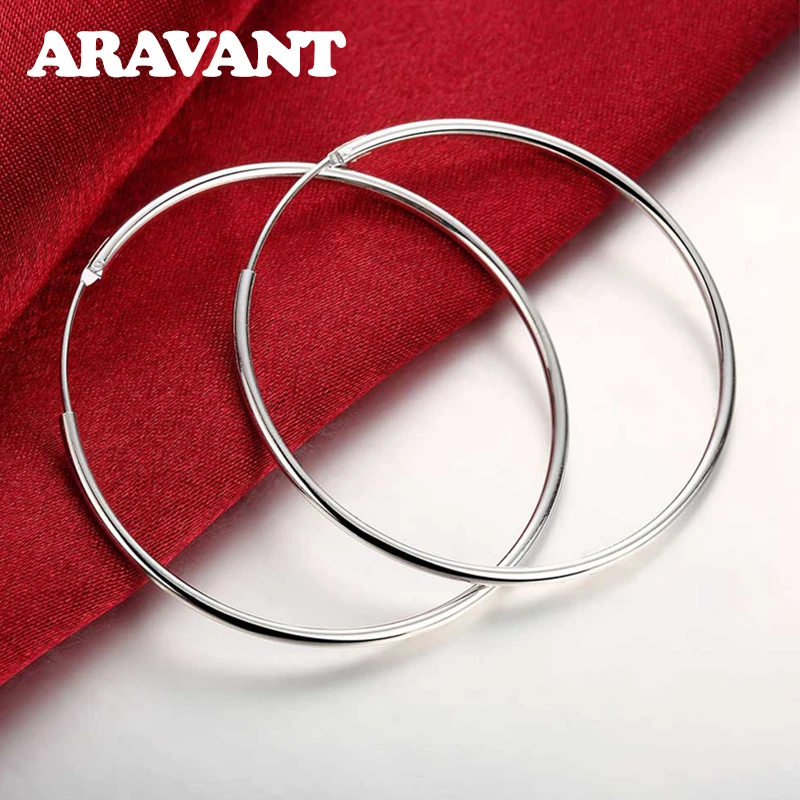100% 925 Sterling Silver Hoop Earring For Women 35/50/60MM Big Round Circle Earrings Jewelry Gift